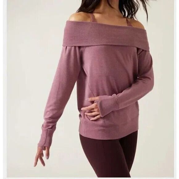 Athleta Sweatshirt Size XS Studio Barre Off Shoulder Purple Heathered Thumbhole - Picture 1 of 12